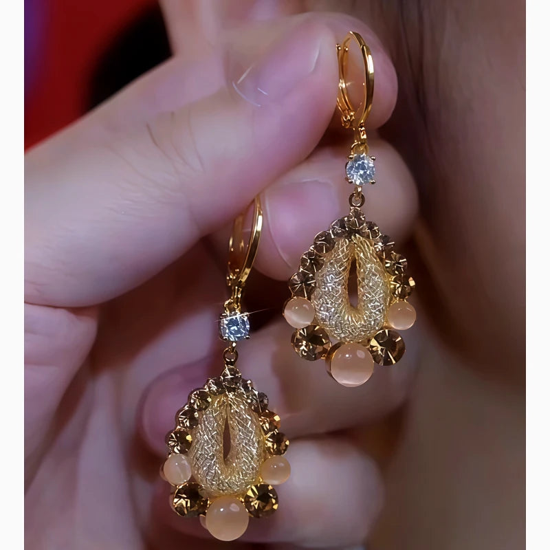 14K Gold-Plated Cat's Eye Stone Brown Diamond Water Drop Earrings - elegant Water Drop Earrings