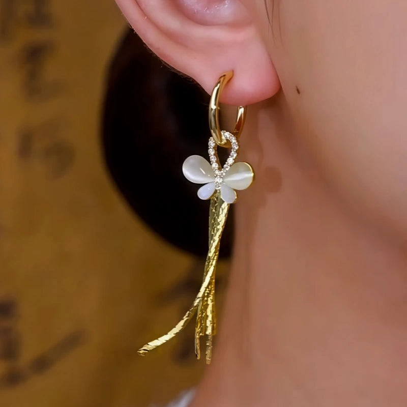 14K Gold-Plated Cat's Eye Stone Butterfly Tassel Earrings - elegant Butterfly Tassel Earrings