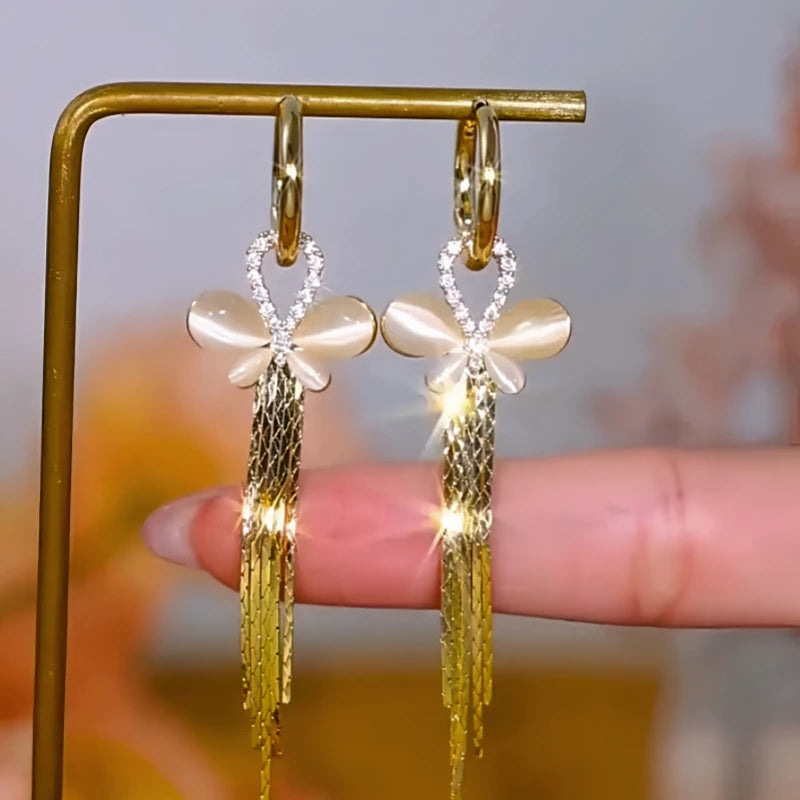 Close-up detail of the sparkling zircons and plating on the Butterfly Tassel Earrings