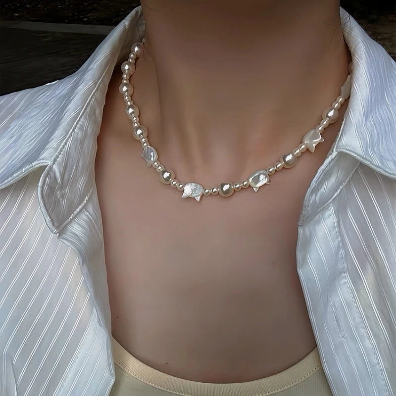 14K Gold-Plated Cat's Eye Stone Cat Pearl Necklace worn to showcase its length and pendant detail