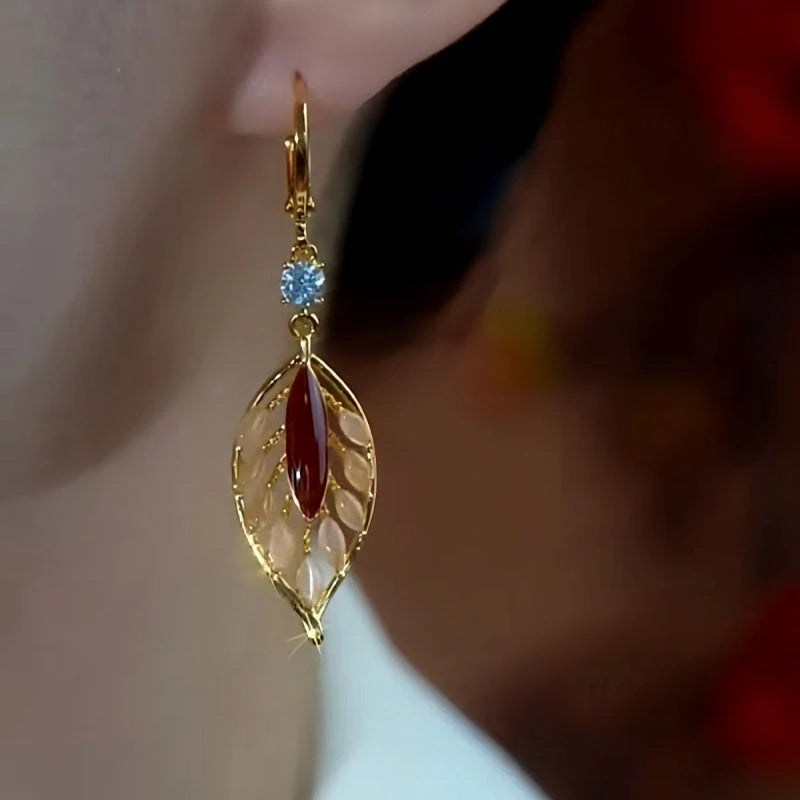 Close-up detail of the sparkling zircons and plating on the Diamond Leaf Earrings