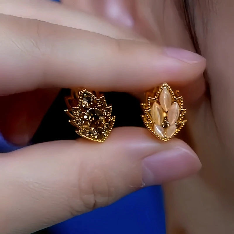 14K Gold-Plated Cat's Eye Stone Diamond Maple Leaf Earrings - elegant Maple Leaf Earrings