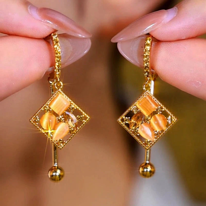 14K Gold-Plated Cat's Eye Stone Diamond Water Drop Earrings - elegant Water Drop Earrings