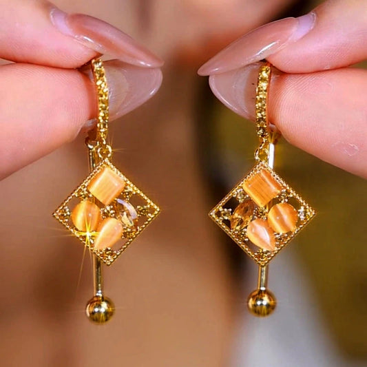 14K Gold-Plated Cat's Eye Stone Diamond Water Drop Earrings - elegant Water Drop Earrings
