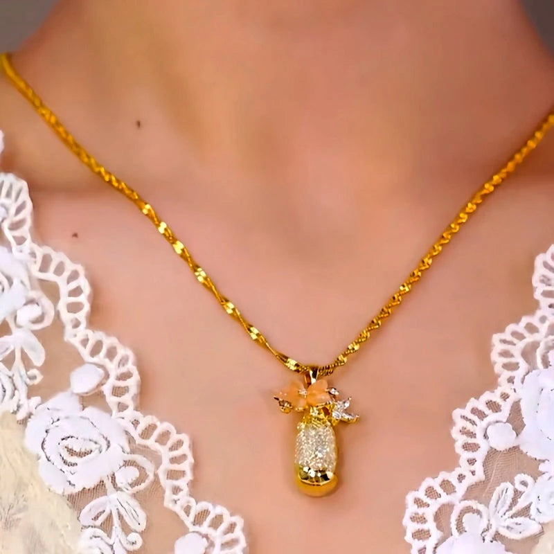 14K Gold-Plated Cat's Eye Stone Flower Mesh Pendant Necklace worn to showcase its length and pendant detail