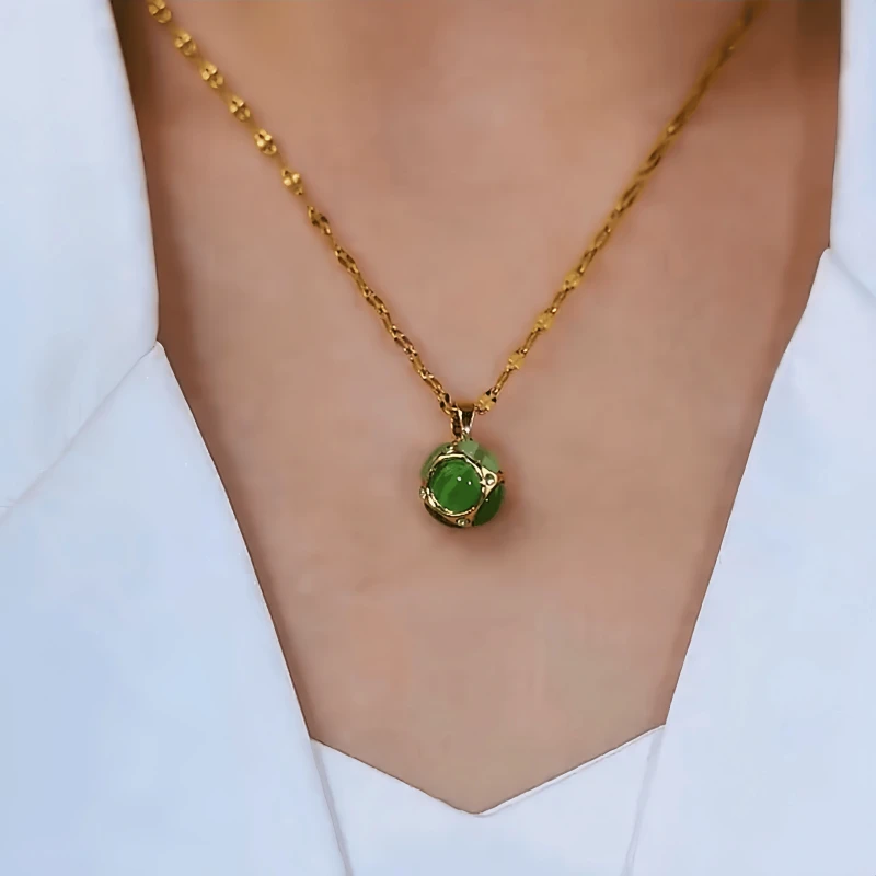 14K Gold-Plated Cat's Eye Stone Green Ball Necklace - beautiful Ball Necklace