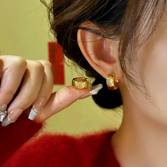 14K Gold-Plated Cat's Eye Stone Hoop Earrings - elegant Cat's Eye Hoop Earrings