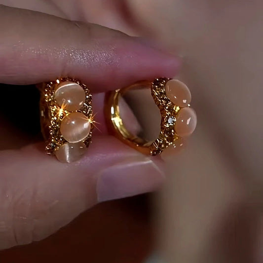 14K Gold-Plated Cat's Eye Stone Little Hoop Earrings - elegant Cat's Eye Hoop Earrings