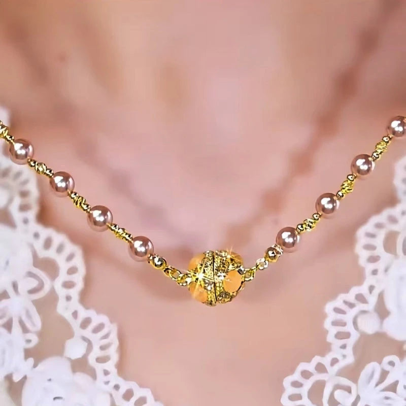 14K Gold-Plated Cat's Eye Stone Magnetic Pearl Necklace - beautiful Magnetic Pearl Necklace