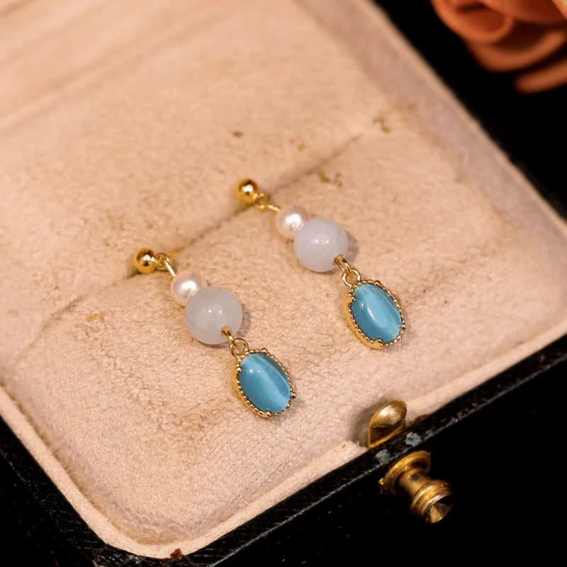 14K Gold-Plated Cat's Eye Stone Pearl Bead Earrings - elegant Pearl Bead Earrings