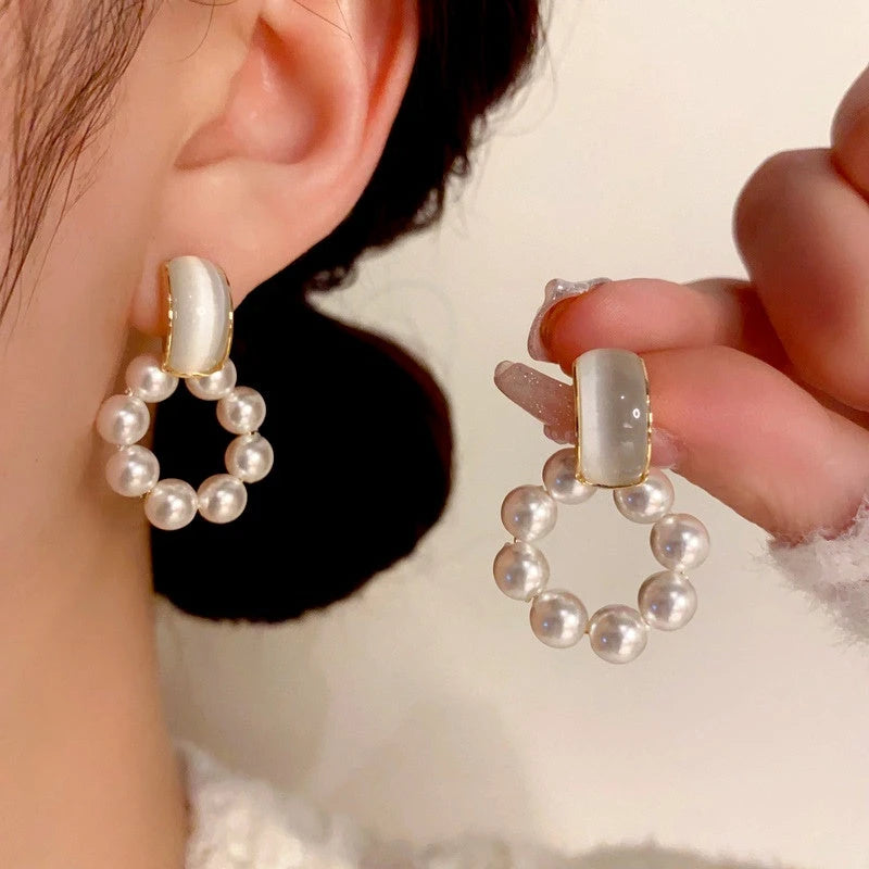 14K Gold-Plated Cat's Eye Stone Pearl Swinging Earrings - elegant Pearl Swinging Earrings