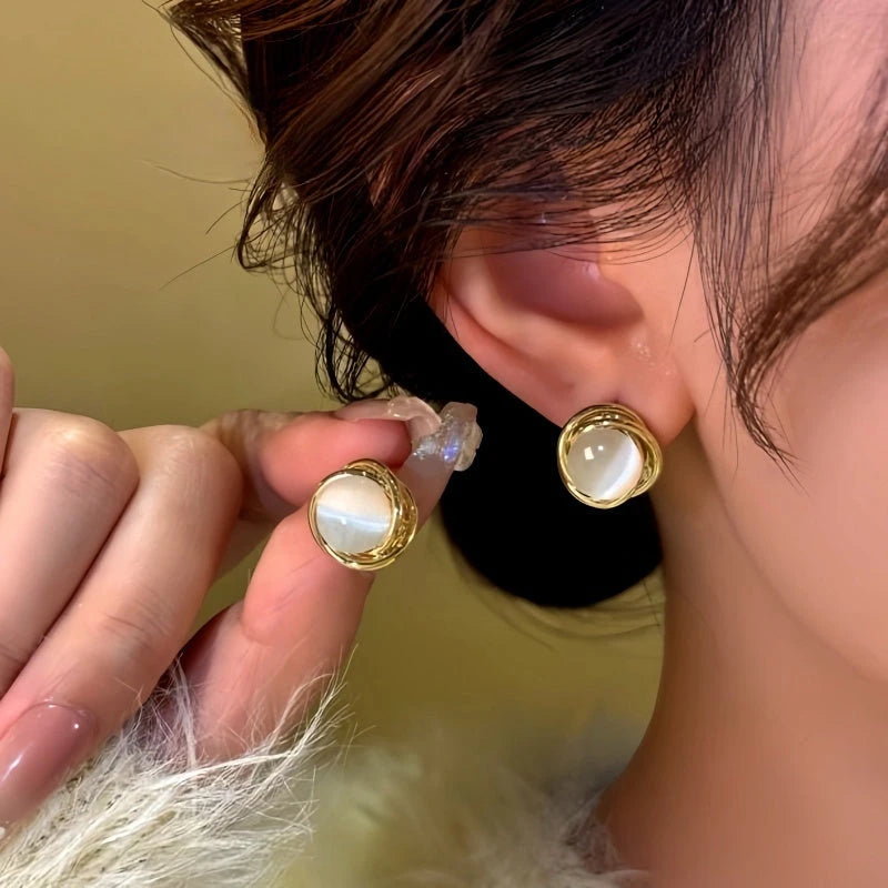 14K Gold-Plated Cat's Eye Stone Stud Earrings - elegant Cat's Eye Studs