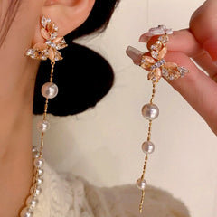 14K Gold-Plated Cat's Eye Stone Zircon Butterfly Pearl Tassel Earrings - elegant Butterfly Tassel Earrings