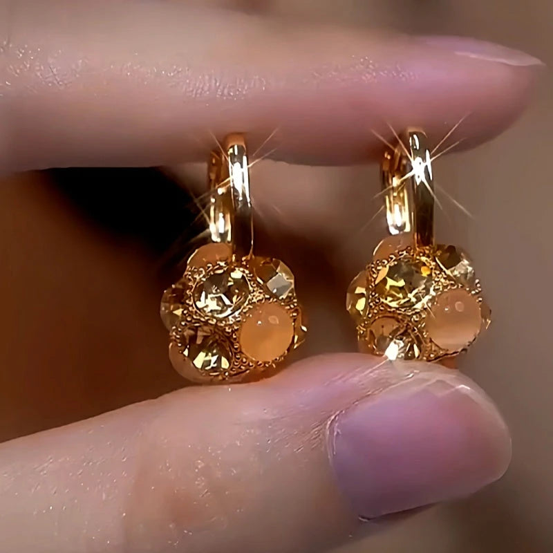 14K Gold-Plated Cat's Eye Stone Zircon Diamond Ball Earrings - elegant Diamond Ball Earrings