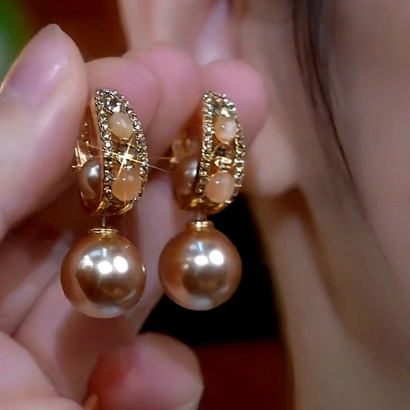 14K Gold-Plated Cat's Eye Stone Zircon Diamond Pearl Earrings - elegant Diamond Pearl Earrings