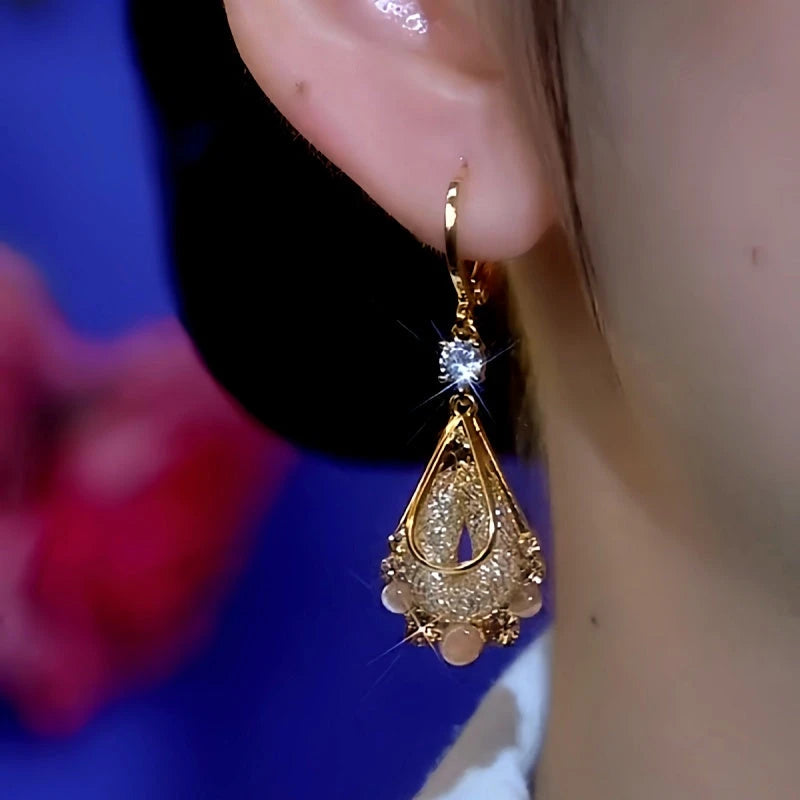 Close-up detail of the sparkling zircons and plating on the Zircon Water Drop Earrings