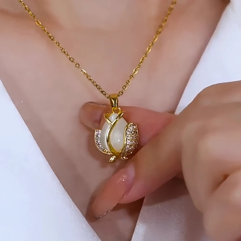 14K Gold-Plated Cat's Eye Tulip Necklace - beautiful Tulip Necklace