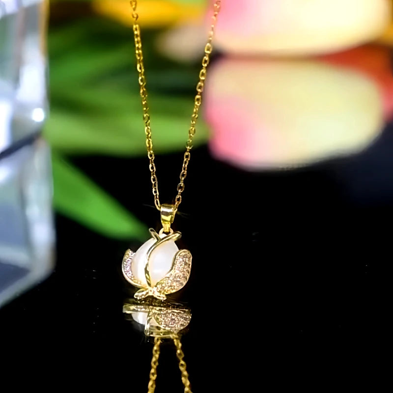 Close-up of the pendant and clasp on the Tulip Necklace