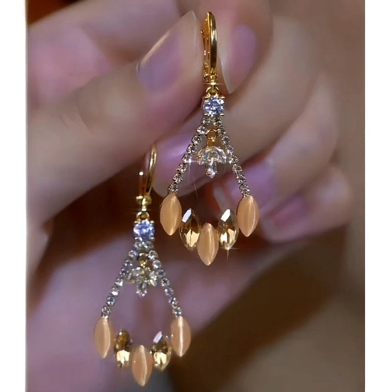 14K Gold-Plated Cat's Eye Zircon Diamond Earrings - elegant Zircon Diamond Earrings