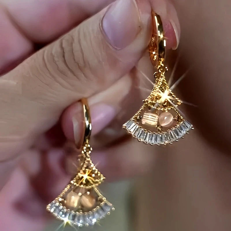 14K Gold-Plated Cat's Eye Zircon Fan-Shaped Earrings - elegant Fan Shaped Earrings