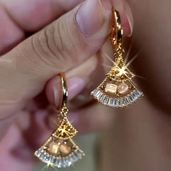 14K Gold-Plated Cat's Eye Zircon Fan-Shaped Earrings - elegant Fan Shaped Earrings
