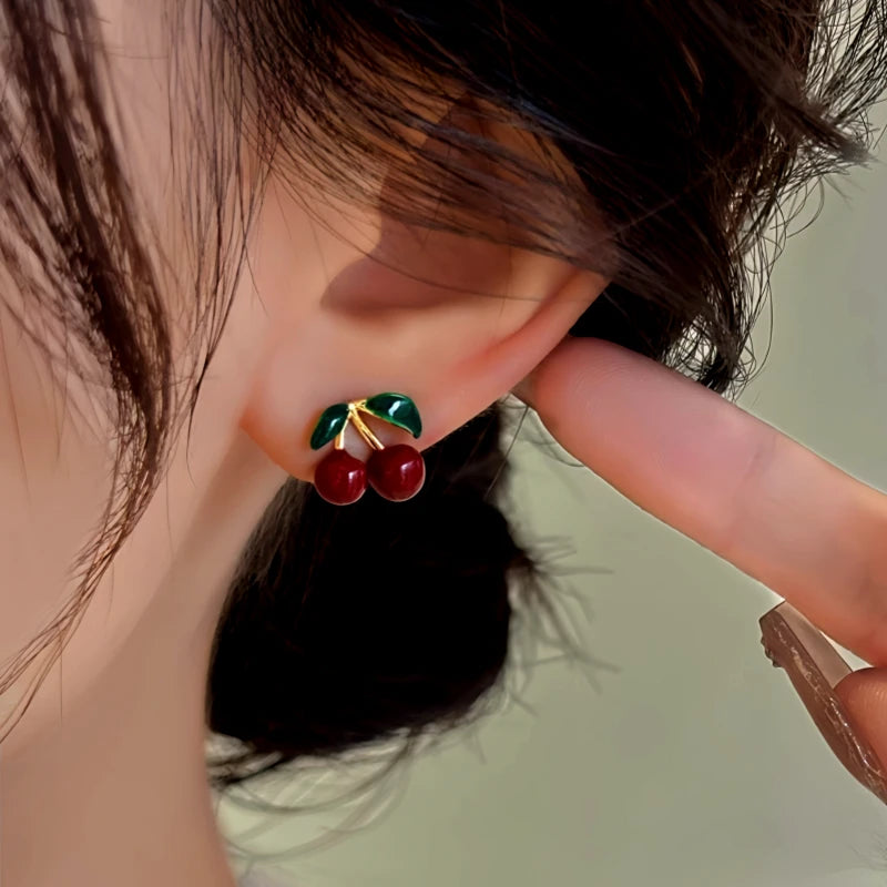 Angled view of the 14K Gold-Plated Cherry Earrings