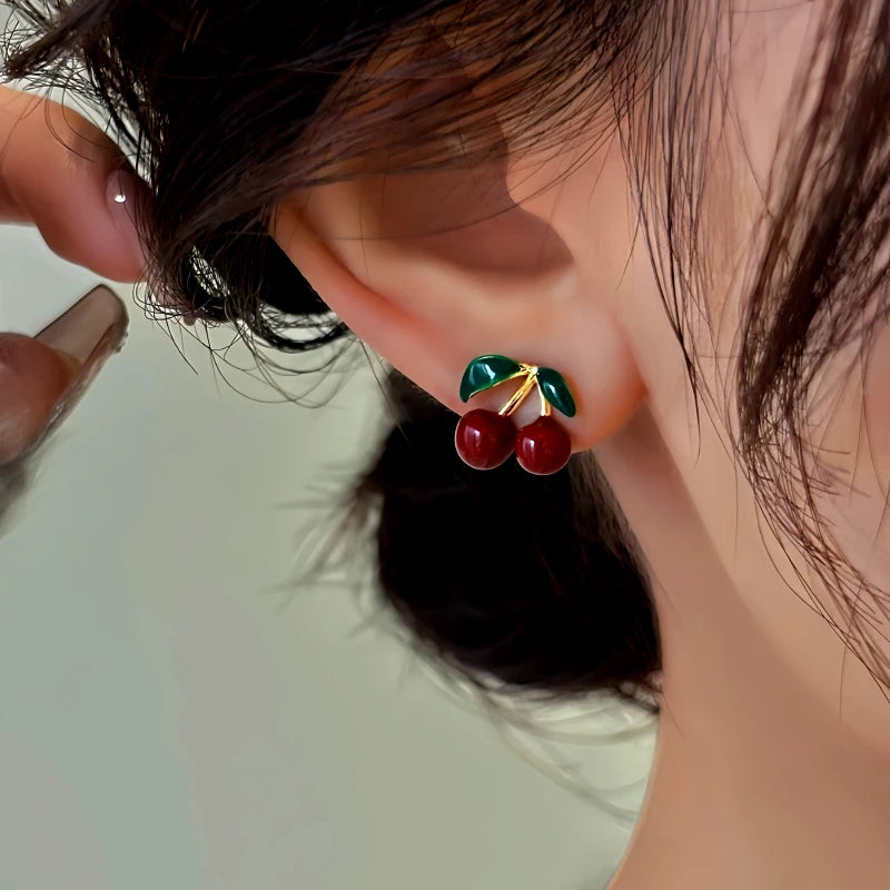 14K Gold-Plated Cherry Earrings - elegant Red Cherry Earrings