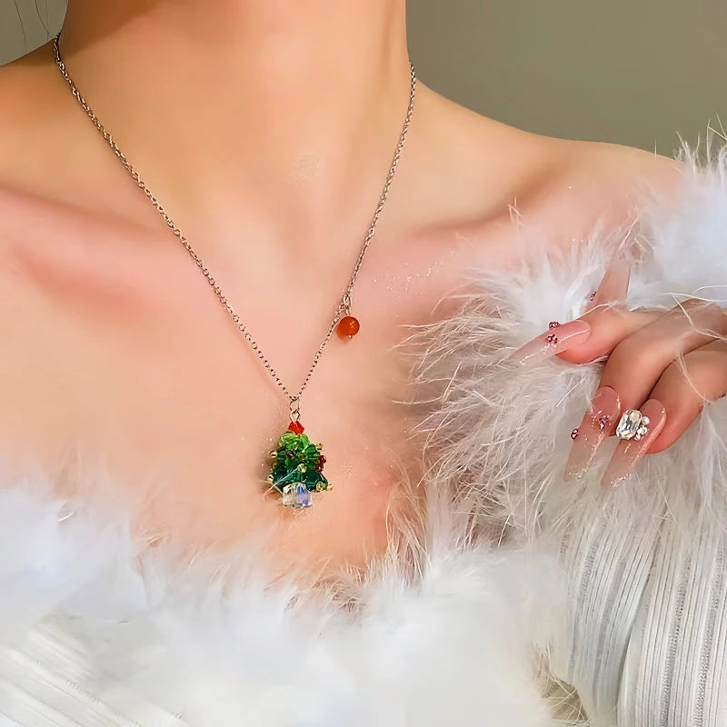 14K Gold-Plated Christams Tree Pearl Necklace worn to showcase its length and pendant detail