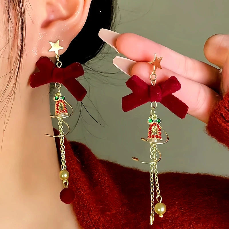 14K Gold-Plated Christmas Bow Tassel Earrings - elegant Christmas Bow Tassel Earrings