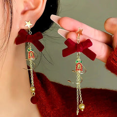 14K Gold-Plated Christmas Bow Tassel Earrings - elegant Christmas Bow Tassel Earrings