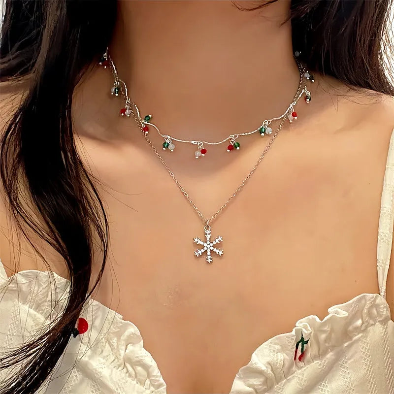 14K Gold-Plated Christmas Colorful Double-Layer Snowflake Necklace - beautiful Double Layer Snowflake Necklace