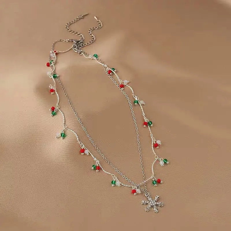 14K Gold-Plated Christmas Colorful Double-Layer Snowflake Necklace worn to showcase its length and pendant detail