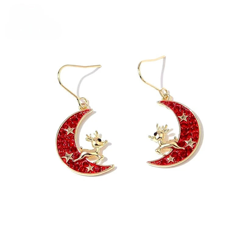 Angled view of the 14K Gold-Plated Christmas Deer Moon Ear Hook Earrings