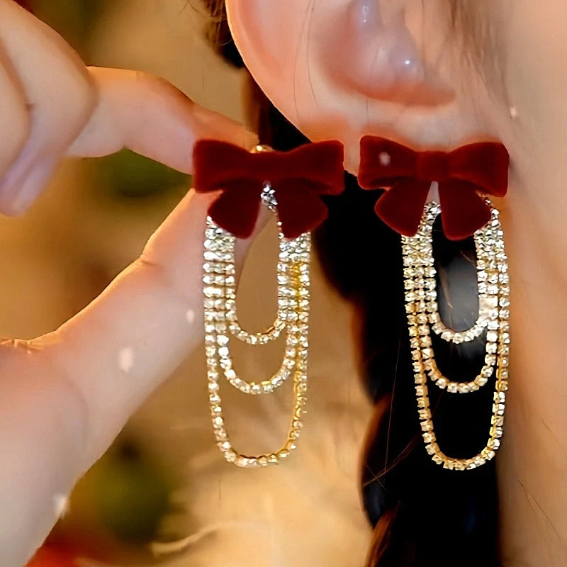 14K Gold-Plated Christmas Diamond And Zircon Flocked Bow Tassel Earrings - elegant Flocked Bow Earrings