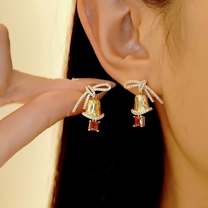 14K Gold-Plated Christmas Diamond Bow Jingle Bell Series Earrings And Necklace - elegant Christmas Jewelry Set