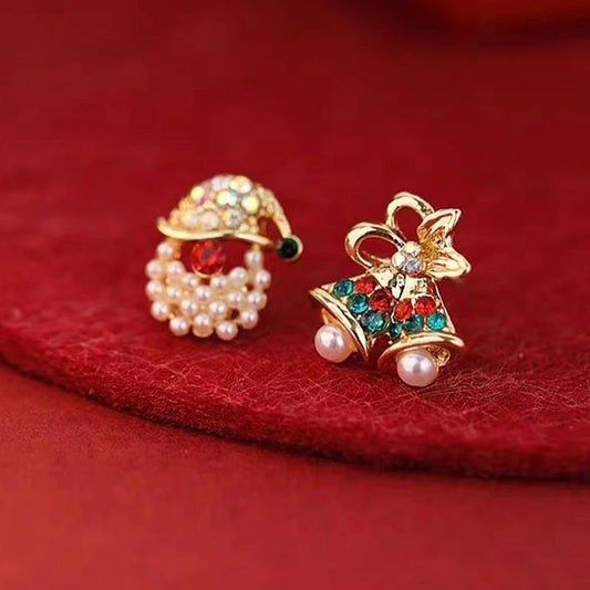 Model showcasing the dangle and style of the 14K Gold-Plated Christmas Diamond Peal Bell And Santa Stud Earrings