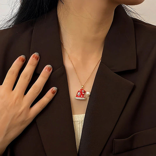 14K Gold-Plated Christmas Diamond Pearl Hat Necklaces worn to showcase its length and pendant detail