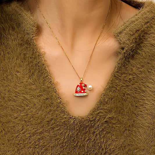 14K Gold-Plated Christmas Diamond Pearl Hat Necklaces - beautiful Santa Hat Necklace