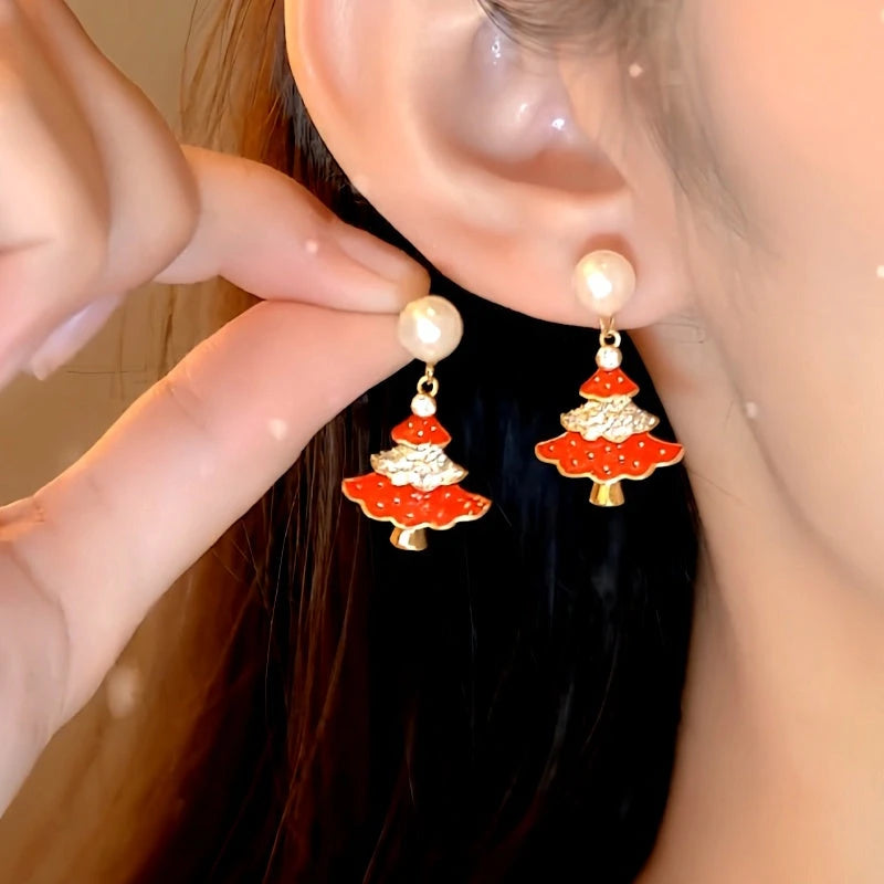 14K Gold-Plated Christmas Diamond Zircon Artificial Pearl Christmas Tree Earrings - elegant Pearl Christmas Tree Earrings