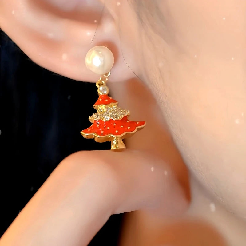 Close-up detail of the sparkling zircons and plating on the Pearl Christmas Tree Earrings