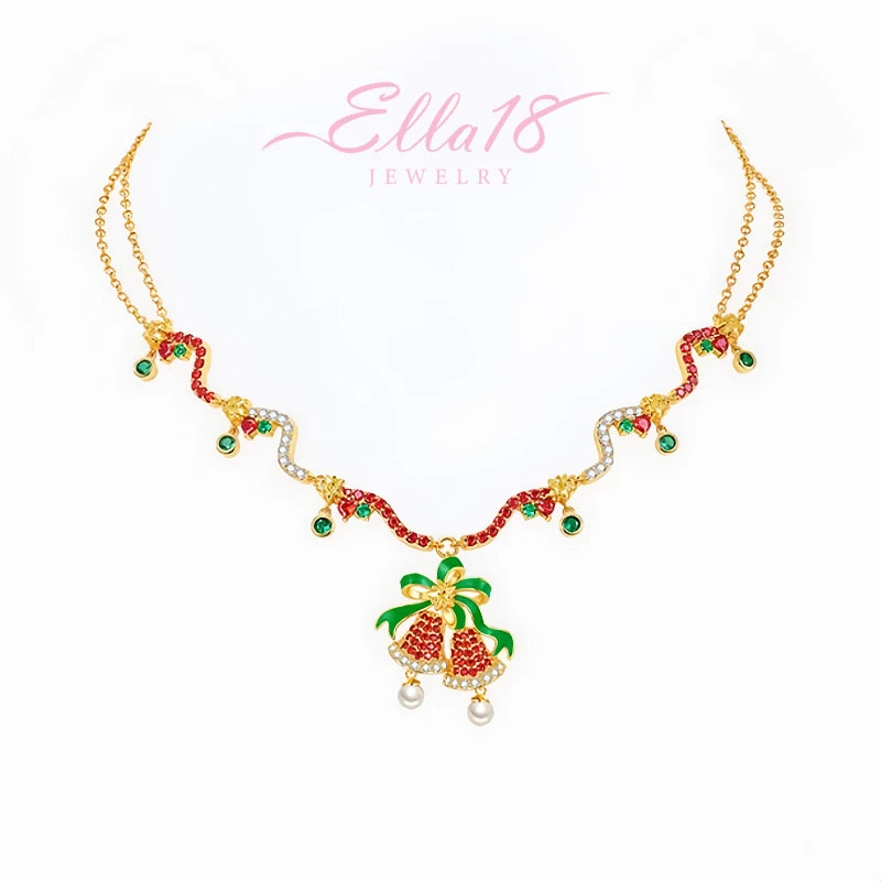 14K Gold-Plated Christmas Diamond Zircon Red Bell Necklaces - beautiful Red Bell Necklace