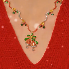14K Gold-Plated Christmas Diamond Zircon Red Bell Necklaces worn to showcase its length and pendant detail