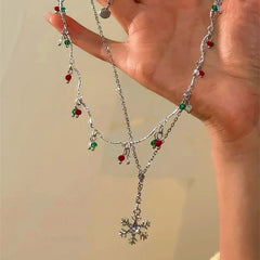 Detailed view of the 14K Gold-Plated Christmas Double-Layer Christmas Snowflake Tassel Necklace chain and pendant