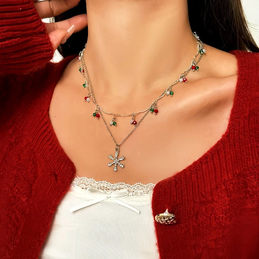 14K Gold-Plated Christmas Double-Layer Christmas Snowflake Tassel Necklace - beautiful Snowflake Tassel Necklace
