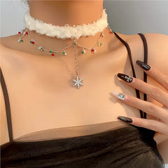 14K Gold-Plated Christmas Double-Layer Crystal Snowflake Necklace worn to showcase its length and pendant detail