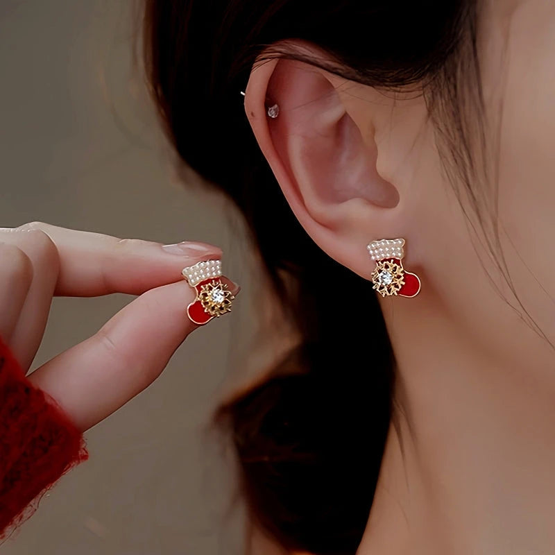 14K Gold-Plated Christmas Rotatable Christmas Stock Stud Earrings - elegant Christmas Stocking Earrings