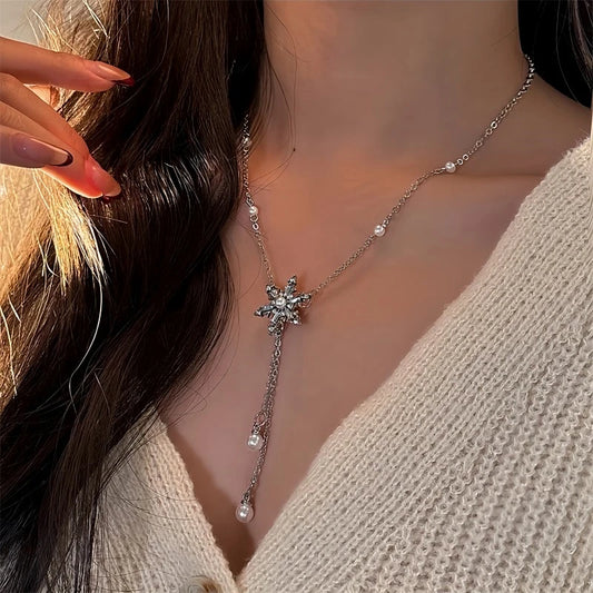 14K Gold-Plated Christmas Snowflake Pearl Tassel Necklace - beautiful Snowflake Tassel Necklace