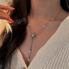 14K Gold-Plated Christmas Snowflake Pearl Tassel Necklace - beautiful Snowflake Tassel Necklace