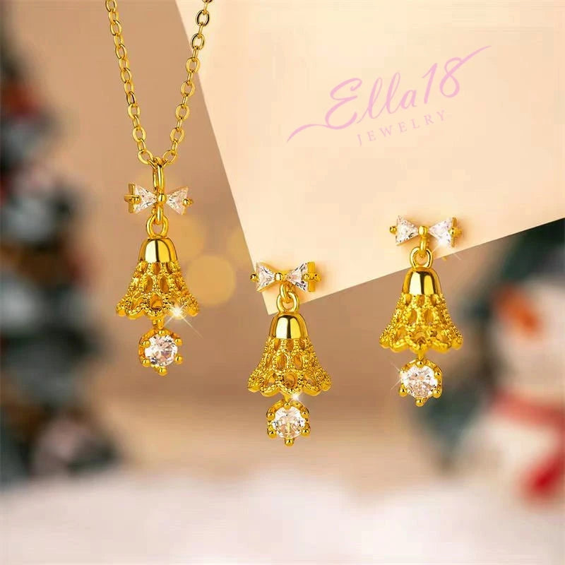 14K Gold-Plated Christmas Tree Bow Bell Necklace And Earrings Set - elegant Christmas Tree Jewelry Set