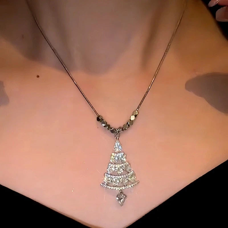 14K Gold-Plated Christmas Diamond Tree Necklaces worn to showcase its length and pendant detail